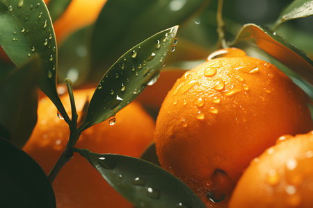 Fresh ripe tangerines with green leaves and water drops, closeupの素材