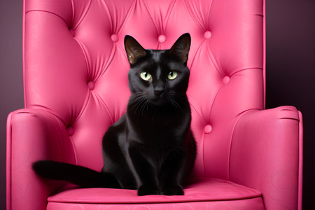 Black cat sitting on pink leather armchair, looking at camera.の素材