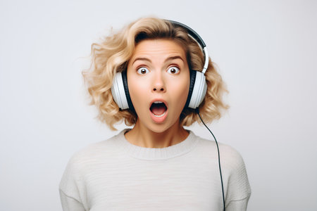 Portrait of a surprised young woman in headphones listening to music.の素材