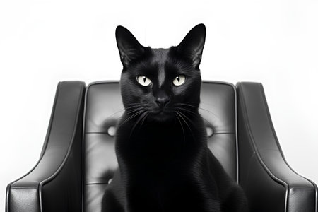 Black cat sitting on a leather armchair, isolated on white backgroundの素材