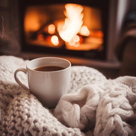 Cup of hot drink with knitted scarf in front of fireplaceの素材