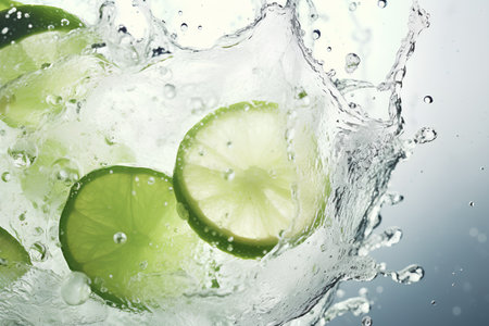 Fresh lime slices in water splash, closeup. Citrus backgroundの素材