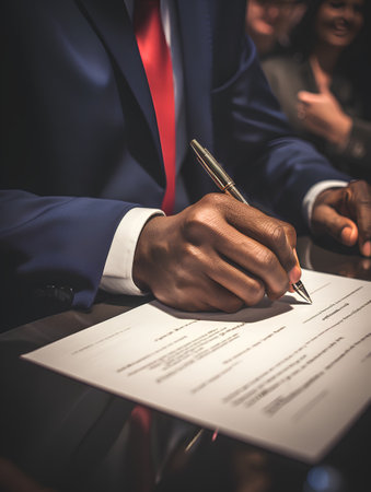 Close-up of businessman signing contract at table in conference room.の素材