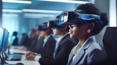 African american businesswoman wearing virtual reality headset in office. 3D renderingの素材