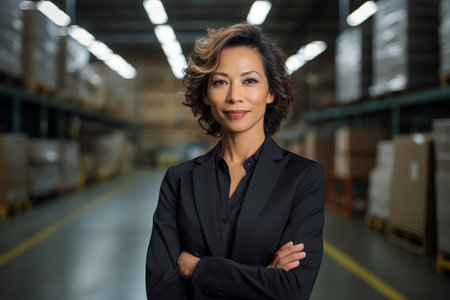 Portrait of confident mature businesswoman standing with arms crossed in warehouseの素材