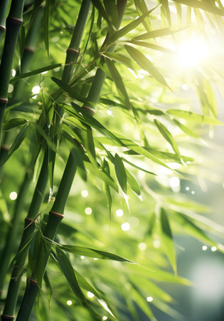 Green bamboo forest with sunlight and bokeh. Nature background.の素材