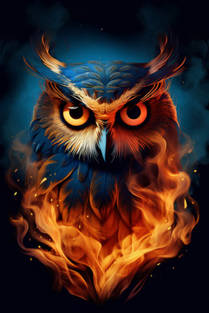 Owl in the flame of fire. Illustration on a black background.の素材
