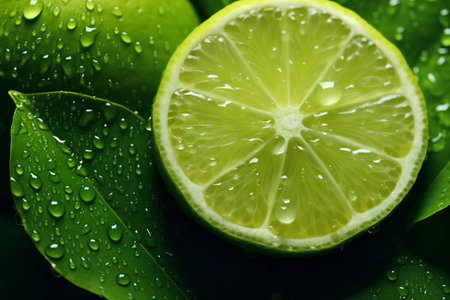 Fresh lime with water drops on green background. Close-up.の素材