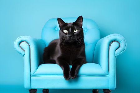 Black cat sitting in blue armchair on blue background with copy spaceの素材