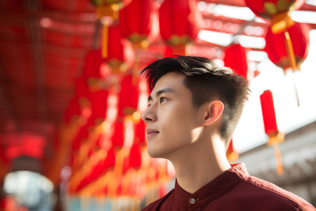 Portrait of young handsome asian man with red chinese lanternsの素材