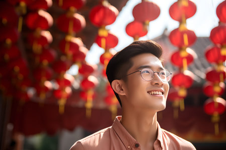 Portrait of a young asian man wearing glasses standing in front of red lanternsの素材