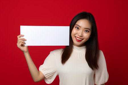 Beautiful young asian woman holding white sheet of paper on red backgroundの素材