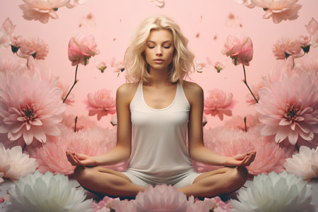 Beautiful young woman meditating in lotus pose on flowers backgroundの素材