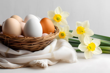Easter eggs in a basket with daffodils on a white backgroundの素材