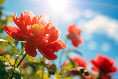 Red peony flowers on a background of blue sky with clouds and sunの素材