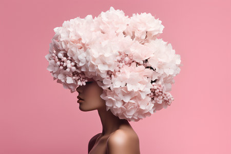 Beautiful woman with pink hydrangea flowers in her hairの素材