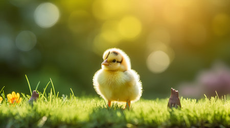 Little yellow chicken on the green grass in the rays of the sunの素材