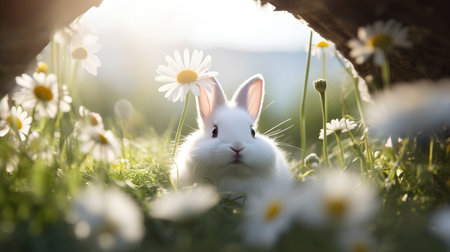 Cute white rabbit in the field with daisies. Easter backgroundの素材