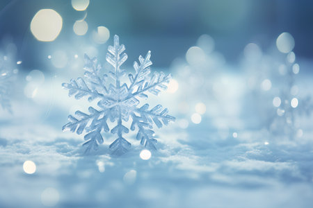 Snowflake on snow background. Christmas and New Year holidays background.の素材