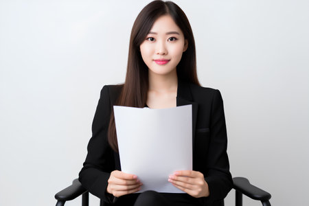 Young asian businesswoman holding a sheet of paper, isolated on white backgroundの素材