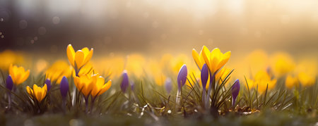 Beautiful crocus flowers in the meadow. Spring landscape.の素材