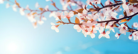 Cherry blossom. Beautiful spring nature scene with blooming tree and blue skyの素材