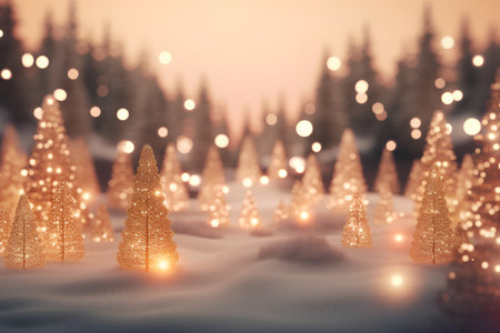 3d render of christmas trees in snow with bokeh lightsの素材