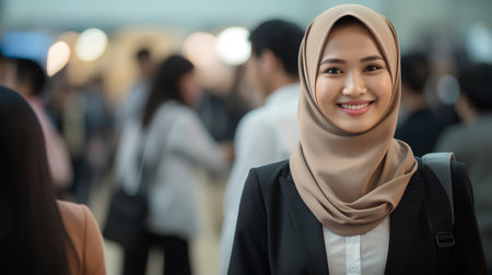 Portrait of asian muslim businesswoman wearing hijab with blurred people backgroundの素材
