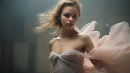 Fashion portrait of young beautiful woman with flying hair, studio shotの素材