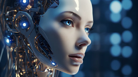 3d rendering of a female robot in front of a blue backgroundの素材