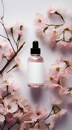 Cherry blossoms and dropper bottle mockup on white backgroundの素材