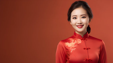 Beautiful chinese woman in cheongsam dress on red backgroundの素材