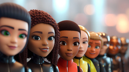 3D rendering of a group of female robots with different skin colorsの素材