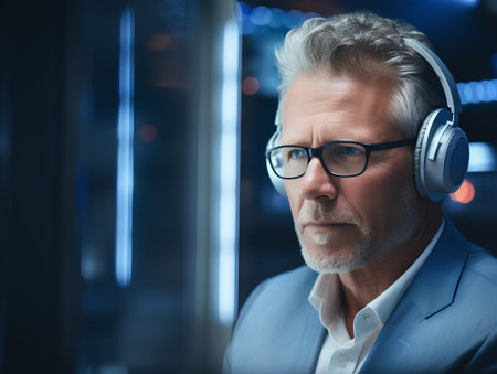 Portrait of senior businessman with headphones listening to music in office.の素材