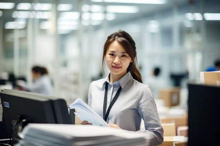 Portrait of young asian businesswoman working with computer in officeの素材