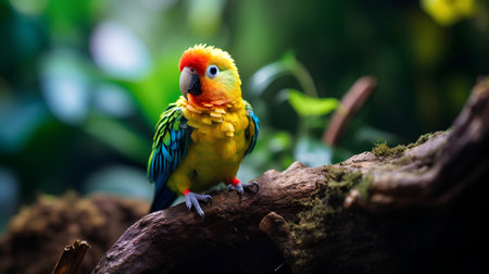 Beautiful colorful parrot sitting on the branch in the forest.の素材