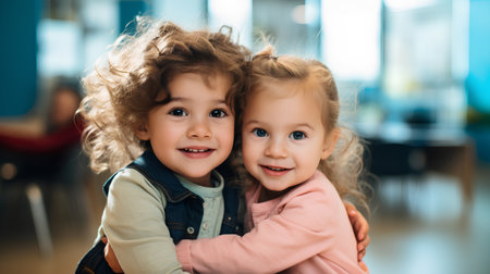Portrait of two little girls hugging and looking at camera in cafeの素材