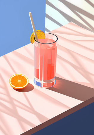 Cocktail with a slice of orange and a straw. Vector illustration.の素材