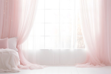 White bedroom with pink curtains and bed. 3d render illustration.の素材