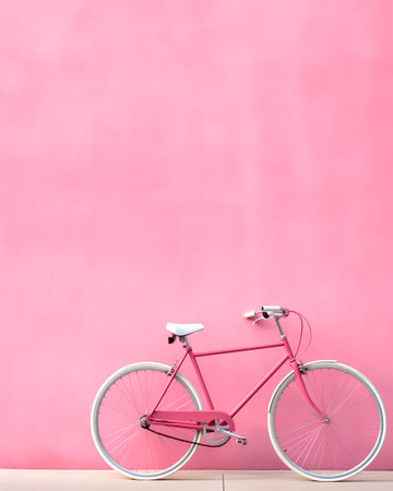 Pink bicycle on pink wall background. Minimal style. Copy space.の素材