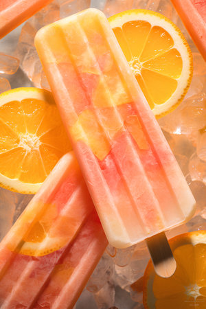 Frozen ice cream with orange and lemon slices on ice cubes. Top view.の素材