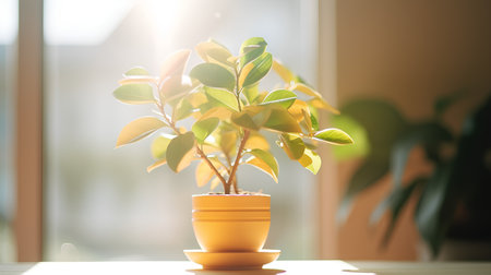 Ficus in a pot on the windowsill. Selective focus.の素材