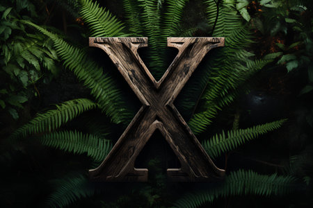 Wooden letter X on a dark background with ferns.の素材