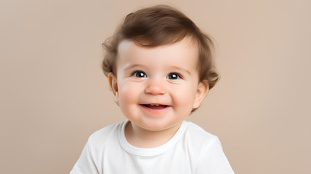 Portrait of a cute smiling baby on a beige background.の素材