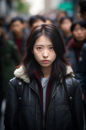 Portrait of a young asian woman in a city street.の素材
