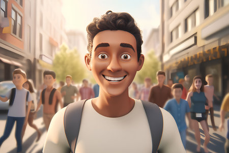 Surprised young man in a city street. 3d renderingの素材