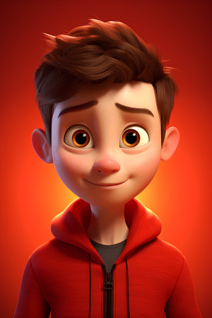 3D Render of a Little Boy in Red Hoodie on a Red Backgroundの素材