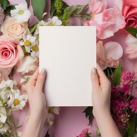Top view of female hands holding blank card on pink background with flowersの素材