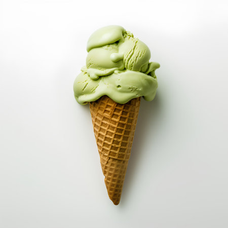 Green ice cream in a waffle cone isolated on white background.の素材