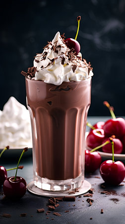 Chocolate milkshake with whipped cream and cherry on dark backgroundの素材